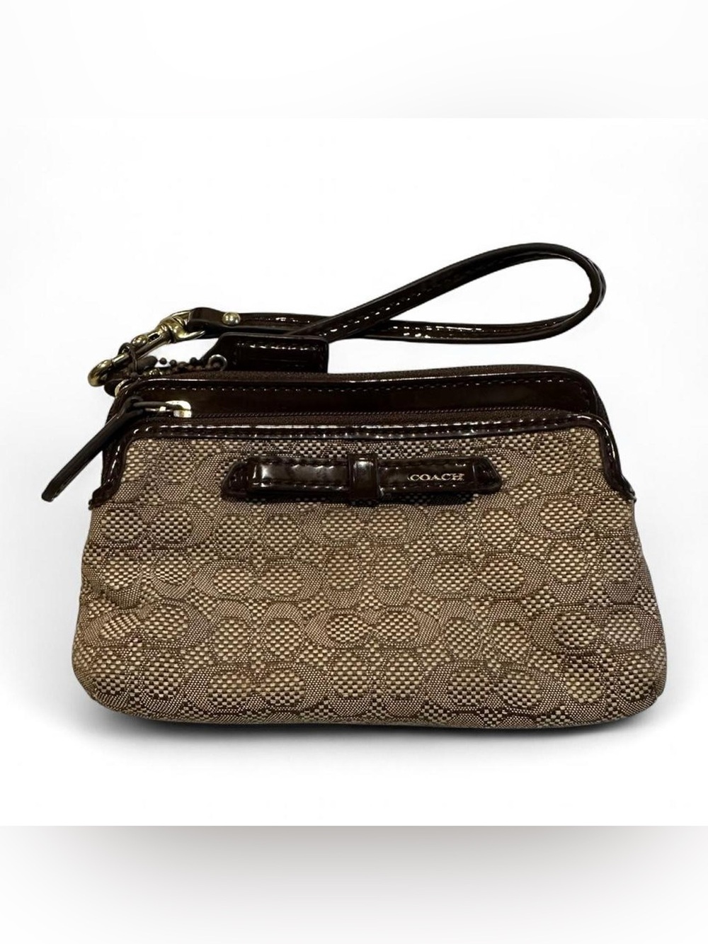 Coach Poppy Signature Oxford Double Zip Wristlet Dark Brown Leather Trim
